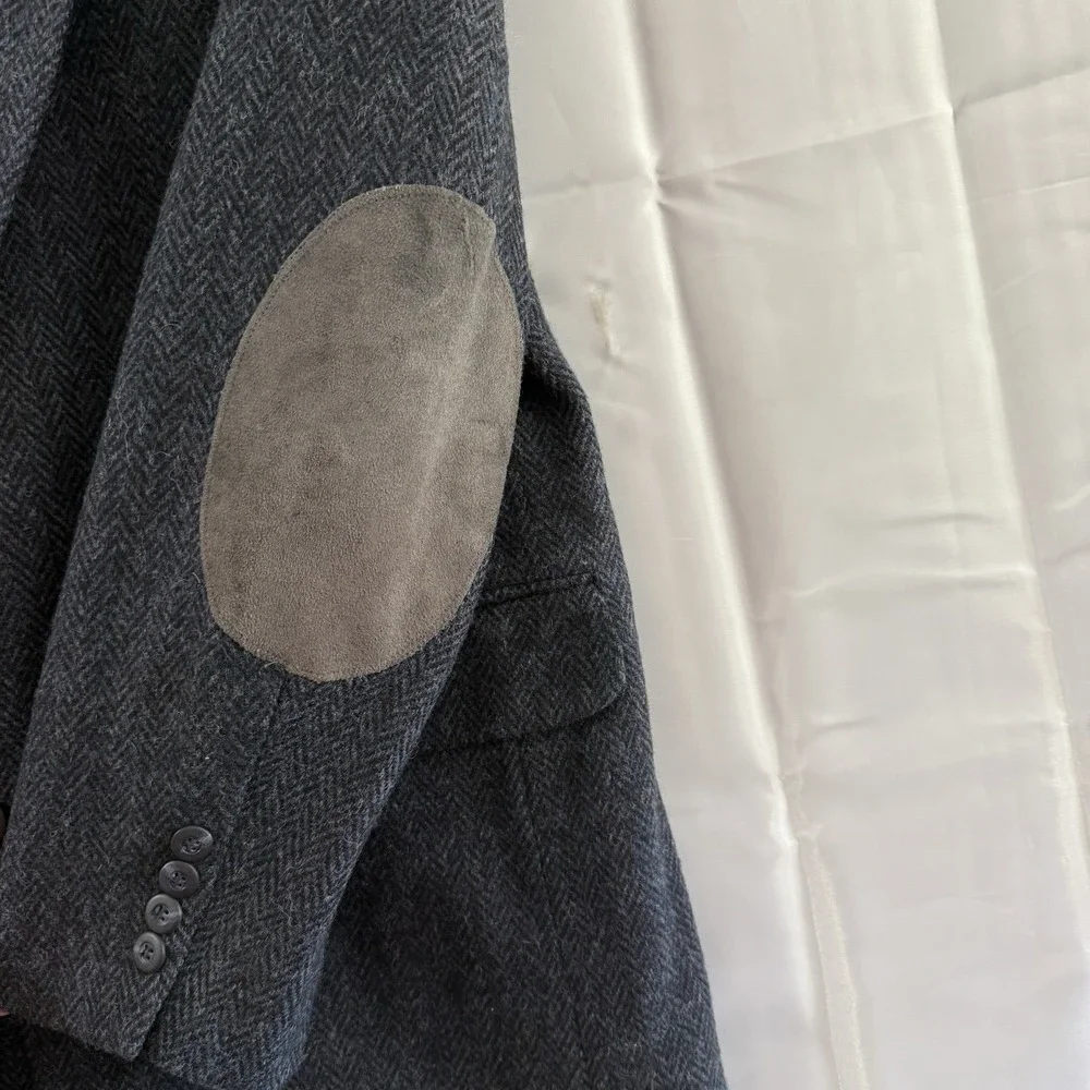 Vintage Mens 100% Wool Herringbone Tweed‎ Sport Coat Jacket Elbow Patch 42L USA